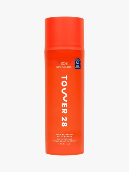 Tower 28 SOS Gentle Hydrating Gel Cleanser in branded component on a light gray background