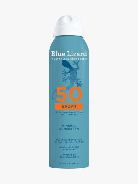 Blue Lizard Sport Mineral Sunscreen Spray SPF 50+ in branded component on a light gray background