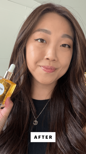 Allure contributing commerce writer Christa Joanna Lee after applying the Gisou Honey Infused Hair Oil